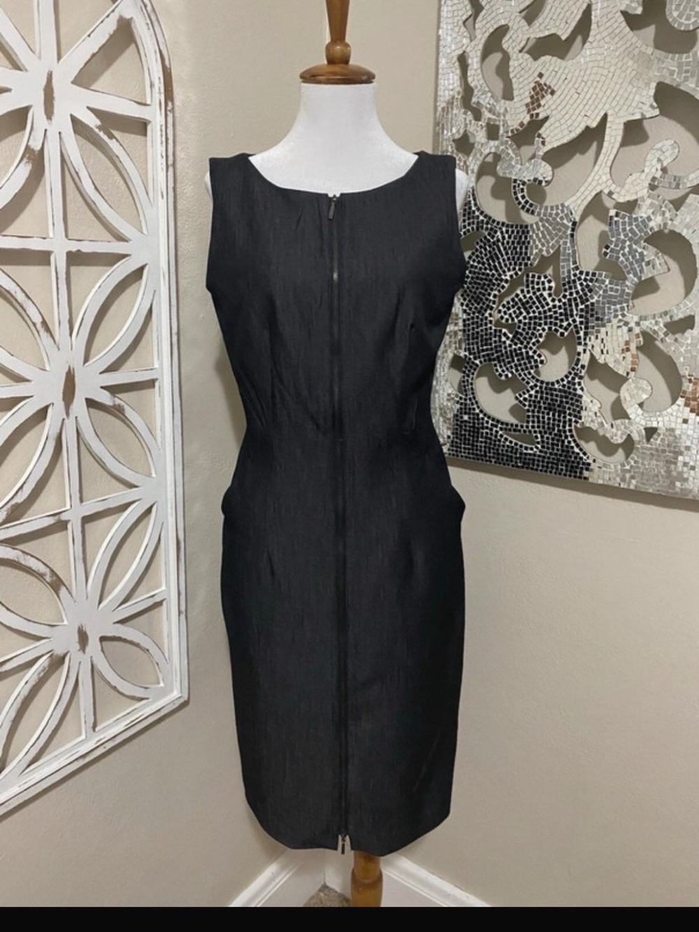 Calvin Klein Sleeveless Front-Zip Sheath Dress in Black Denim